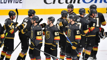 Jan 6, 2022; Las Vegas, Nevada, USA; Vegas Golden Knights players celebrate after defeating the New York Rangers 5-1 at T-Mobile Arena. Mandatory Credit: Stephen R. Sylvanie-USA TODAY Sports