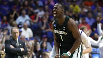 TULSA, OK - MARCH 19: Joshua Langford #1 of the Michigan State Spartans reacts against the Kansas Jayhawks during the second round of the 2017 NCAA Men's Basketball Tournament at BOK Center on March 19, 2017 in Tulsa, Oklahoma. (Photo by Ronald Martinez/Getty Images)