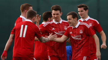 DUBAI, UNITED ARAB EMIRATES - JANUARY 15: Players of Aberdeen FC celebrate the first goal during the friendly match between Aberdeen FC and FC Bunyodkor at the Jebel Ali Centre of Excellence on January 15, 2017 in Dubai, United Arab Emirates. (Photo by Francois Nel/Getty Images)