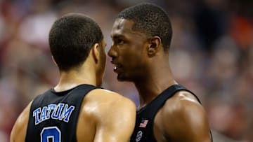 Dec 21, 2016; Greensboro, NC, USA; Duke Blue Devils forward Harry Giles (1) talks with forward Jayson Tatum (0) before shooting a free throw in the second half against the Elon Phoenix at Greensboro Coliseum. Duke defeated Elon 72-61. Mandatory Credit: Jeremy Brevard-USA TODAY Sports