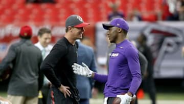 Nov 29, 2015; Atlanta, GA, USA; Atlanta Falcons quarterback Matt Ryan (2) talks with Minnesota Vikings quarterback Teddy Bridgewater (5) before their game at the Georgia Dome. Mandatory Credit: Jason Getz-USA TODAY Sports