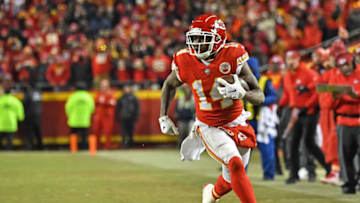 KANSAS CITY, MO - JANUARY 20: Wide receiver Sammy Watkins #14 of the Kansas City Chiefs runs down field after catching a pass during the second half of the AFC Championship Game against the New England Patriots at Arrowhead Stadium on January 20, 2019 in Kansas City, Missouri. (Photo by Peter G. Aiken/Getty Images)