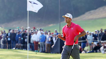 PACIFIC PALISADES, CALIFORNIA - FEBRUARY 16: Adam Scott of Australia celebrates making a putt for birdie on the 17th green during the final round of the Genesis Invitational on February 16, 2020 in Pacific Palisades, California. (Photo by Chris Trotman/Getty Images)