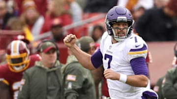 LANDOVER, MD - NOVEMBER 12: Quarterback Case Keenum #7 of the Minnesota Vikings celebrates after throwing a touchdown during the second quarter against the Washington Redskins at FedExField on November 12, 2017 in Landover, Maryland. (Photo by Patrick Smith/Getty Images)