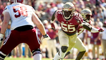 Oct 23, 2021; Tallahassee, Florida, USA; Florida State Seminoles defensive end Derrick McLendon II (55) rushes off the edge during the second half against the University of Massachusetts Minutemen at Doak S. Campbell Stadium. Mandatory Credit: Melina Myers-USA TODAY Sports