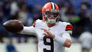 Dec 28, 2014; Baltimore, MD, USA; Cleveland Browns quarterback Connor Shaw (9) warms up prior to the game against the Baltimore Ravens at M&T Bank Stadium. Mandatory Credit: Mitch Stringer-USA TODAY Sports