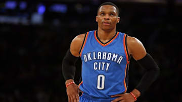 Nov 28, 2016; New York, NY, USA; Oklahoma City Thunder guard Russell Westbrook (0) reacts during the second half against the New York Knicks at Madison Square Garden. Mandatory Credit: Adam Hunger-USA TODAY Sports