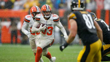 CLEVELAND, OH - SEPTEMBER 09: Joe Schobert #53 of the Cleveland Browns returns an interception during overtime against the Pittsburgh Steelers the at FirstEnergy Stadium on September 9, 2018 in Cleveland, Ohio. The game ended in a 21-21 tie. (Photo by Joe Robbins/Getty Images)