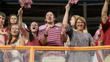Oct 15, 2016; Knoxville, TN, USA; Alabama Crimson Tide fans celebrate after the game against the Tennessee Volunteers at Neyland Stadium. Alabama won 49 to 10. Mandatory Credit: Randy Sartin-USA TODAY Sports