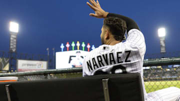 CHICAGO - SEPTEMBER 26: Omar Narvaez #38 of the Chicago White Sox sits in the dugout prior to the game against the Cleveland Indians on September 26, 2018 at Guaranteed Rate Field in Chicago, Illinois. (Photo by Ron Vesely/MLB Photos via Getty Images)