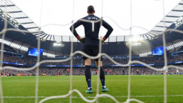 MANCHESTER, ENGLAND - APRIL 07: David De Gea of Manchester United looks dejected following Manchester City's second goal during the Premier League match between Manchester City and Manchester United at Etihad Stadium on April 7, 2018 in Manchester, England. (Photo by Michael Regan/Getty Images)