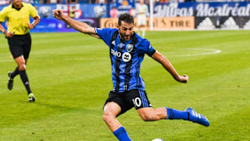 MONTREAL, QC - AUGUST 04: Montreal Impact midfielder Ignacio Piatti (10) kicks the ball during the DC United versus the Montreal Impact game on August 4, 2018, at Saputo Stadium in Montreal, QC (Photo by David Kirouac/Icon Sportswire via Getty Images)