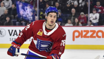 LAVAL, QC - DECEMBER 28: Charles Hudon #18 of the Laval Rocket skates against the Toronto Marlies during the second period at Place Bell on December 28, 2019 in Laval, Canada. The Laval Rocket defeated the Toronto Marlies 6-1. (Photo by Minas Panagiotakis/Getty Images)