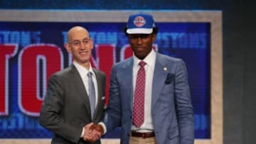 Jun 25, 2015; Brooklyn, NY, USA; Myles Turner (Texas) greets NBA commissioner Adam Silver after being selected as the number eleven overall pick to the Indiana Pacers in the first round of the 2015 NBA Draft at Barclays Center. Mandatory Credit: Brad Penner-USA TODAY Sports