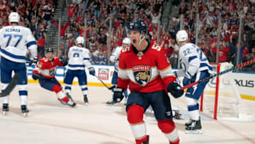 SUNRISE, FL - OCT. 5: Noel Acciari #55 of the Florida Panthers celebrates his goal with teammates during the second period against the Tampa Bay Lightning at the BB&T Center on October 5, 2019 in Sunrise, Florida. (Photo by Eliot J. Schechter/NHLI via Getty Images)