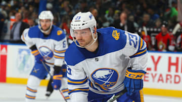 BUFFALO, NY - APRIL 4: Sam Reinhart #23 of the Buffalo Sabres prepares for a faceoff during an NHL game against the Ottawa Senators on April 4, 2018 at KeyBank Center in Buffalo, New York. (Photo by Bill Wippert/NHLI via Getty Images) *** Local Caption *** Sam Reinhart