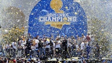 Jun 19, 2015; Oakland, CA, USA; Confetti surrounds the stage during the Golden State Warriors 2015 championship celebration at the Henry J. Kaiser Convention Center. Mandatory Credit: Kelley L Cox-USA TODAY Sports