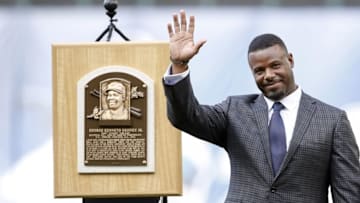 Aug 6, 2016; Seattle, WA, USA; Seattle Mariners former player Ken Griffey Jr. smiles next to his Hall of Fame plaques during his number retirement ceremony before the start of a game against the Los Angeles Angels at Safeco Field. Mandatory Credit: Jennifer Buchanan-USA TODAY Sports