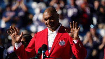 Oct 24, 2021; Foxborough, Massachusetts, USA; Former New England Patriots defenseman Richard Seymour is honored during halftime against the New York Jets at Gillette Stadium. Mandatory Credit: David Butler II-USA TODAY Sports