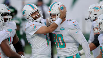 Nov 29, 2020; East Rutherford, New Jersey, USA; Miami Dolphins quarterback Ryan Fitzpatrick (14) congratulates tight end Adam Shaheen (80) after a fourth quarter touchdown by Shaheen against the New York Jets at MetLife Stadium. Mandatory Credit: Kevin Wexler-USA TODAY Sports