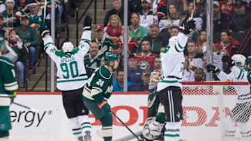 Apr 20, 2016; Saint Paul, MN, USA; Dallas Stars forward Jason Spezza (90) celebrates after scoring a goal in the second period against the Minnesota Wild in game four of the first round of the 2016 Stanley Cup Playoffs at Xcel Energy Center. Mandatory Credit: Brad Rempel-USA TODAY Sports