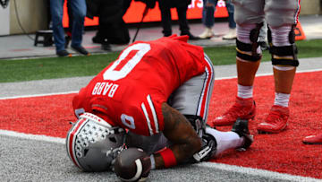 COLUMBUS, OHIO - NOVEMBER 12: Kamryn Babb #0 of the Ohio State Buckeyes reacts after scoring a touchdown during the fourth quarter of a game against the Indiana Hoosiers at Ohio Stadium on November 12, 2022 in Columbus, Ohio. (Photo by Ben Jackson/Getty Images)