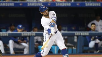 Kevin Pillar #11 of the Toronto Blue Jays hits a single in the fifth inning during MLB game action against the New York Yankees. (Photo by Tom Szczerbowski/Getty Images)