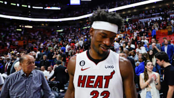 Apr 14, 2023; Miami, Florida, USA; Miami Heat forward Jimmy Butler (22) looks on after winning the game against the Chicago Bulls at Kaseya Center. Mandatory Credit: Sam Navarro-USA TODAY Sports