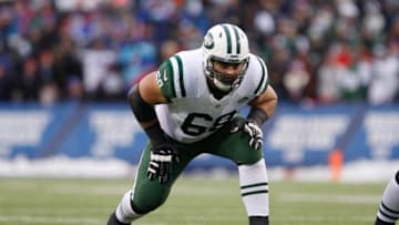 Jan 3, 2016; Orchard Park, NY, USA; New York Jets tackle Breno Giacomini (68) against the Buffalo Bills at Ralph Wilson Stadium. Bills beat the Jets 22 to 17. Mandatory Credit: Timothy T. Ludwig-USA TODAY Sports