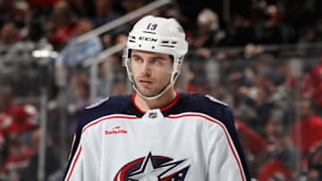 NEWARK, NEW JERSEY - OCTOBER 30: Liam Foudy #19 of the Columbus Blue Jackets skates against the New Jersey Devils at the Prudential Center on October 30, 2022 in Newark, New Jersey. The Devils defeated the Blue Jackets 7-1. (Photo by Bruce Bennett/Getty Images)