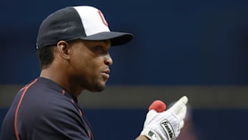 Apr 12, 2016; St. Petersburg, FL, USA; Cleveland Indians center fielder Marlon Byrd (6) works out prior to the game against the Tampa Bay Rays at Tropicana Field. Mandatory Credit: Kim Klement-USA TODAY Sports