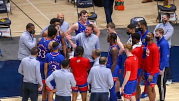 Feb 6, 2021; Morgantown, West Virginia, USA; Kansas Jayhawks head coach Bill Self talks to his team during the second half against the West Virginia Mountaineers at WVU Coliseum. Mandatory Credit: Ben Queen-USA TODAY Sports