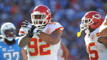 Nov 22, 2015; San Diego, CA, USA; Kansas City Chiefs nose tackle Dontari Poe (92) reacts after scoring a touchdown during the first half of the game against the San Diego Chargers at Qualcomm Stadium. Kansas City won 33-3. Mandatory Credit: Orlando Ramirez-USA TODAY Sports