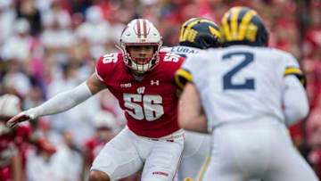 MADISON, WI - SEPTEMBER 21: Wisconsin Badgers outside linebacker Zack Baun (56) looks to get a pass rush on Michigan Wolverines quarterback Shea Patterson (2) durning a college football game between the Michigan Wolverines and the Wisconsin Badgers on September 21, 2019, at Camp Randall Stadium in Madison, WI. (Photo by Dan Sanger/Icon Sportswire via Getty Images)