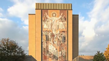 SOUTH BEND, IN - OCTOBER 19: A general view of the mural known as "Touchdown Jesus" on the campus of Notre Dame University before the Notre Dame Fighting Irish take on the University of Southern California Trojans at Notre Dame Stadium on October 19, 2013 in South Bend, Indiana. (Photo by Jonathan Daniel/Getty Images)