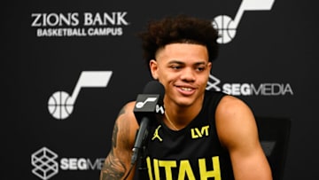 SALT LAKE CITY, UTAH - OCTOBER 02: Keyonte George #3 of the Utah Jazz speaks during the Utah Jazz Media Day at Zions Bank Basketball Campus on October 02, 2023 in Salt Lake City, Utah. NOTE TO USER: User expressly acknowledges and agrees that, by downloading and or using this photograph, User is consenting to the terms and conditions of the Getty Images License Agreement. (Photo by Alex Goodlett/Getty Images)