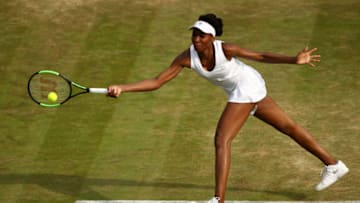 LONDON, ENGLAND - JULY 07: Venus Williams of The United States plays a forehand during the Ladies Singles third round match against Naomi Osaka of Japan on day five of the Wimbledon Lawn Tennis Championships at the All England Lawn Tennis and Croquet Club on July 7, 2017 in London, England. (Photo by Julian Finney/Getty Images)