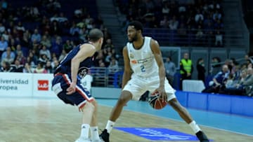 CHASSON RANDLE of Real Madrid in action during Real Madrid vs Monbus Obradoiro Basketball the ACB league match held at the Sports Palace in Madrid, Spain, 08 April 2018. (Photo by Oscar Gonzalez/NurPhoto via Getty Images)