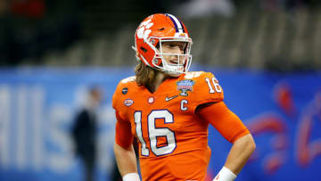 NEW ORLEANS, LOUISIANA - JANUARY 01: Trevor Lawrence #16 of the Clemson Tigers warms up before the game against the Ohio State Buckeyes during the College Football Playoff semifinal game at the Allstate Sugar Bowl at Mercedes-Benz Superdome on January 01, 2021 in New Orleans, Louisiana. (Photo by Kevin C. Cox/Getty Images)