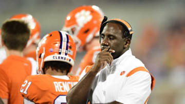 Oct 2, 2021; Clemson, South Carolina, USA; Assistant coach C.J. Spiller during a timeout against the Boston College Eagles at Memorial Stadium. Mandatory Credit: Adam Hagy-USA TODAY Sports