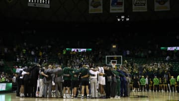 WACO, TEXAS - FEBRUARY 15: The Baylor Bears huddle after a 70-59 win against the West Virginia Mountaineers at Ferrell Center on February 15, 2020 in Waco, Texas. (Photo by Ronald Martinez/Getty Images)