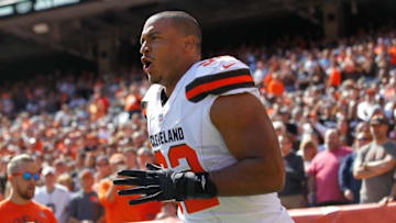 Sep 20, 2015; Cleveland, OH, USA; Cleveland Browns defensive end Desmond Bryant (92) runs onto the field during player introductions against the Tennessee Titans at FirstEnergy Stadium. Mandatory Credit: Scott R. Galvin-USA TODAY Sports