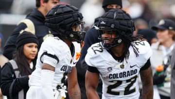 Apr 22, 2023; Boulder, CO, USA; Colorado Buffaloes wide receiver Jimmy Horn Jr. (5) and running back Anthony Hankers (22) before the start of the spring game at Folsom Filed. Mandatory Credit: Ron Chenoy-USA TODAY Sports