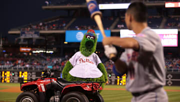 PHILADELPHIA, PA - SEPTEMBER 30: The Phillie Phanatic stares down Norichika Aoki