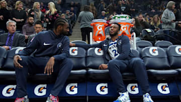 MINNEAPOLIS, MN - JANUARY 30: Andrew Wiggins #22 and Josh Okogie #20 of the Minnesota Timberwolves. Copyright 2019 NBAE (Photo by Jordan Johnson/NBAE via Getty Images)