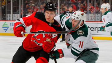NEWARK, NJ - FEBRUARY 22: Taylor Hall #9 of the New Jersey Devils in action against Zach Parise #11 of the Minnesota Wild on February 22, 2018 at Prudential Center in Newark, New Jersey. (Photo by Jim McIsaac/Getty Images)