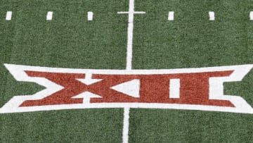 AUSTIN, TEXAS - APRIL 23: A Big 12 logo is seen on the turf during the Orange-White Spring Game at Darrell K Royal-Texas Memorial Stadium on April 23, 2022 in Austin, Texas. (Photo by Tim Warner/Getty Images)