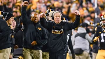 Nov 25, 2016; Iowa City, IA, USA; Iowa Hawkeyes head coach Kirk Ferentz celebrates during the fourth quarter against the Nebraska Cornhuskers at Kinnick Stadium. Iowa won 40-10 and secured the Heroes Game trophy. Mandatory Credit: Jeffrey Becker-USA TODAY Sports