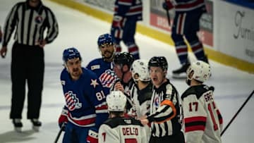 Utica Comets and Rochester Americans players argue with each other during the 2022 Calder Cup Playoffs on Thursday, May 19, 2022 at the Adirondack Bank Center in Utica.Utica Comets Vs Rochester Americans