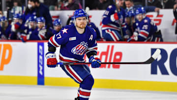 LAVAL, QC - APRIL 08: Sean Malone #17 of the Rochester Americans skates against the Laval Rocket during the third period at Place Bell on April 8, 2022 in Laval, Canada. The Laval Rocket defeated the Rochester Americans 4-3 in overtime. (Photo by Minas Panagiotakis/Getty Images)